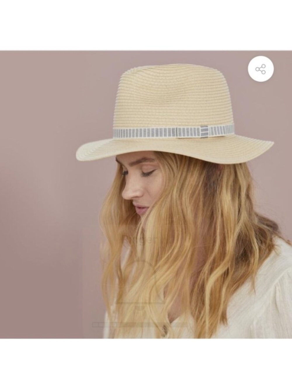 Summer & Rose Natural Straw Fedora with Navy-Striped Band